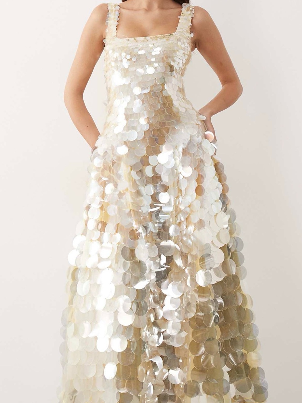 ARRANGE embellished disc sequin square neck full skirt midi dress in lemon